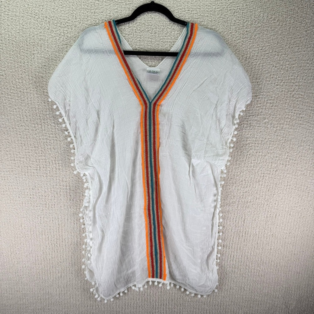 Lulla Collection Cover-Up‎ Pom Pom Trim V-Neck Beach Resort Wear White